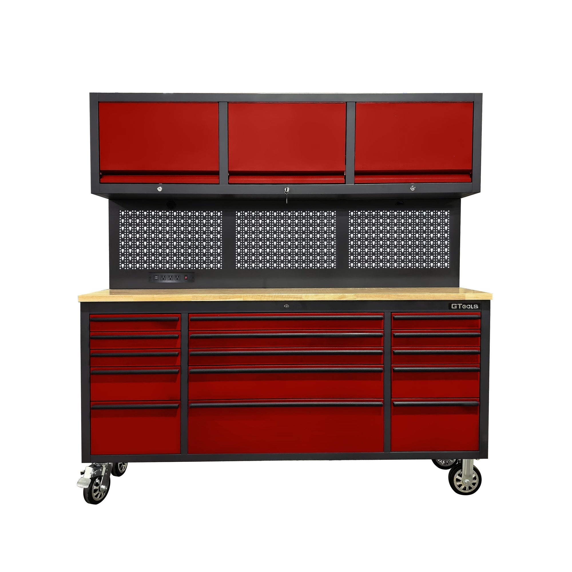 72 inch Rolling Tool Chest with Light & Power Strips, Workbench, Upper Cabinets & Pegboard