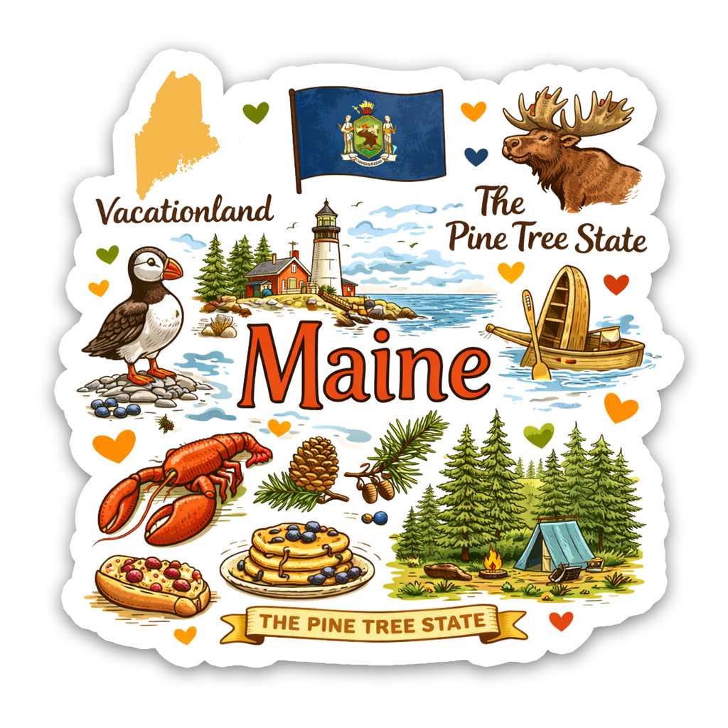 Regional Sticker – Maine The Pine Tree State Icons Sticker