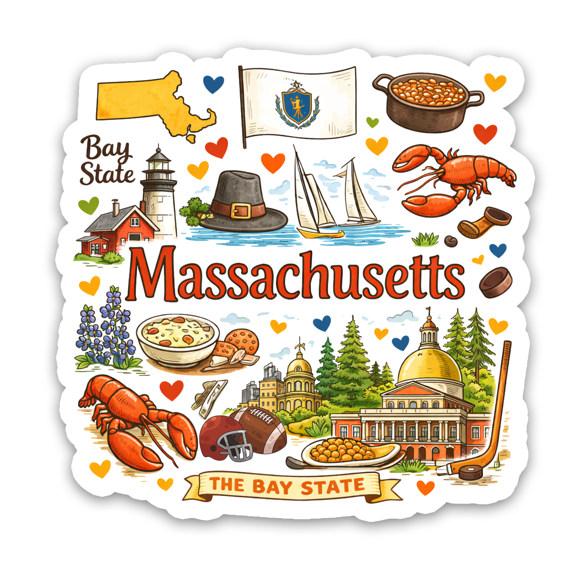 Regional Sticker – Massachusetts The Bay State Icons Sticker